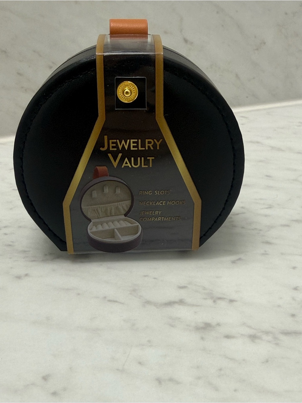 Nwt Round Black Jewelry Vault Travel Case with Brown Strap